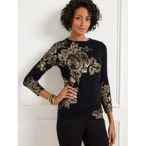 Talbots Aubrey Cashmere Sweater Womens Large Black Gold Metallic Floral Stencil